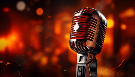 Studio microphone on blurred background with audio mixer   musical instrument conceptの素材