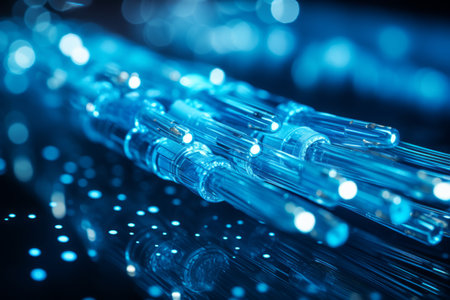 Abstract close up fiber optic cable wire light background for optic communication and technologyの素材