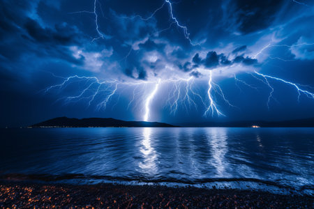 Intense and captivating lightning bolt illuminating the dark sky on the horizon of the seaの素材