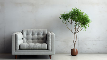 Minimalist interior with armchair on white concrete wall background and empty canvas mockupの素材