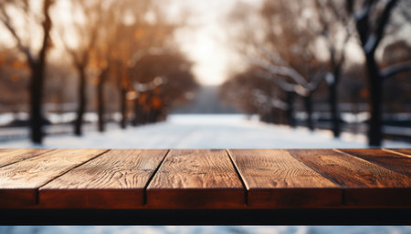 Snowy wooden table with falling snow and blurred forest background 16k super quality panoramic imageの素材