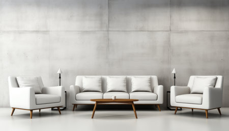 Minimalist interior with armchair on white concrete wall background and empty picture frameの素材