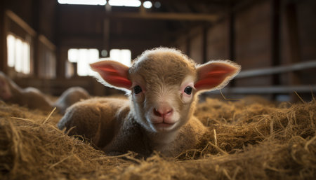 Serene view of magnificent ecological rams and lively lambs at a picturesque domestic farmの素材