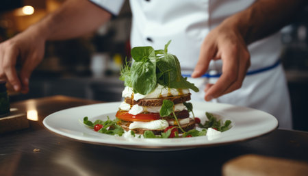 Talented food stylist enhancing a delicious meal for perfect presentation in a trendy restaurantの素材