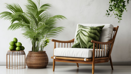 Minimalist interior with armchair on white concrete wall and empty picture frame 3d renderの素材