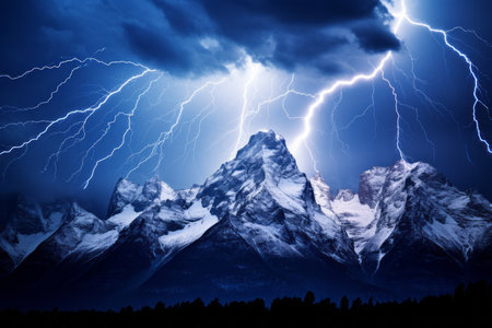 captivating moment majestic lightning strike illuminating dramatic mountain landscapeの素材
