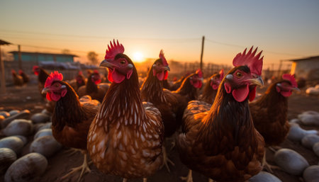 Beautiful ecological chicken at the domestic farm with factory chickens in high quality imageの素材