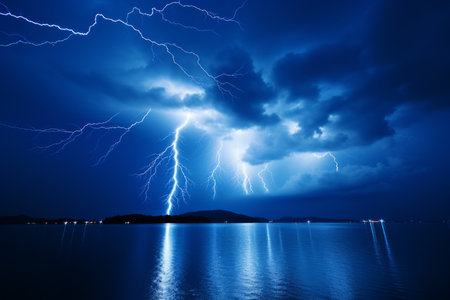 Dramatic and powerful lightning bolt illuminating the dark sky on the horizon of the seaの素材
