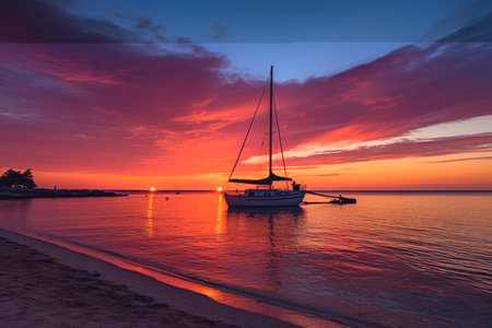 Sailing yacht at sea. vibrant sunset the sky with hues of orange and pink, soft glow over of the seaの素材