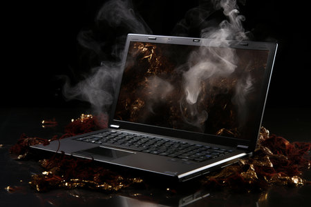 Dangerous Laptop Ignition. Fire Erupts due to Battery Overheating and Malfunctionの素材