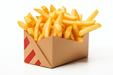 Delicious Classic French Fries Served in a Tasty Paper Sleeve, Isolated on Crisp White Backgroundの素材