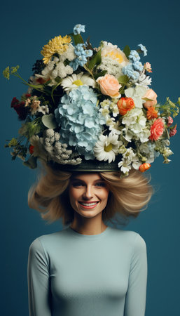 Fashion Woman with Flower Bouquet and Dress Made of Flowers on Solid Blue Backgroundの素材