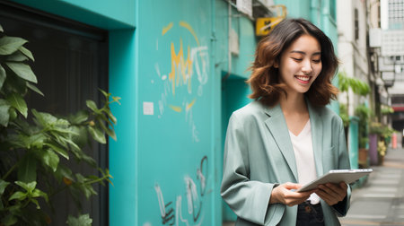 Young businesswoman holding smartphone on blurred background with copy space for textの素材