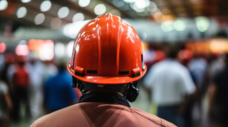 Young woman in safety helmet in logistics center with blurred background, ample text space availableの素材
