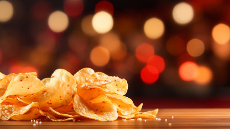 Crispy and savory potato chips on blurred defocused background with copy space for text placementの素材