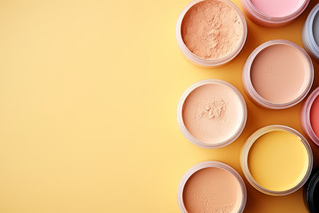 Cosmetic products on beauty backgroundSkincare and makeup conceptTop view with copy space.の素材