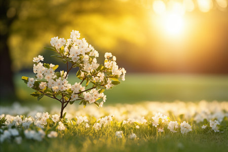 Spring sunrise  blooming tree in meadow on easter morning with blurred background and copy spaceの素材