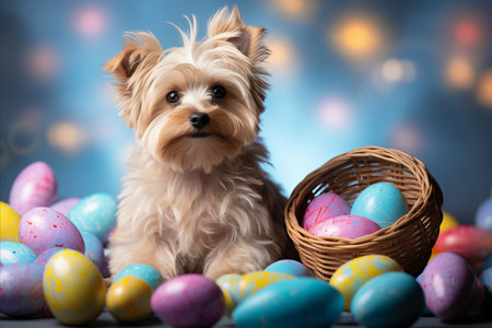Whimsical and joyous easter themed pet portrait in a vibrant and brightly illuminated settingの素材