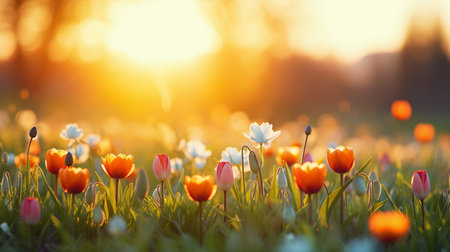 Abstract spring easter sunrise background with blurred defocused backdrop and copy spaceの素材