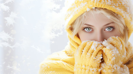 Fashionable woman in yellow coat and scarf with snowflakesflyer with ample copy space for ads.の素材