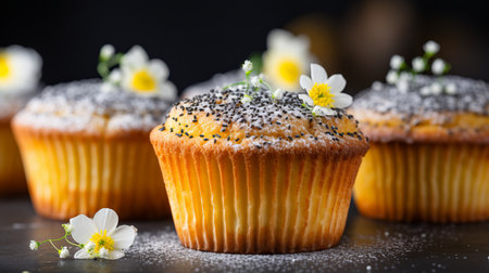 Homemade lemon poppy seed muffins on blurred background with text space for creative placementの素材