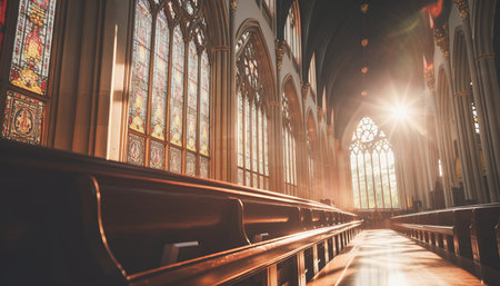 Easter sunday service in a serene church with radiant stained glass windows and serene ambianceの素材
