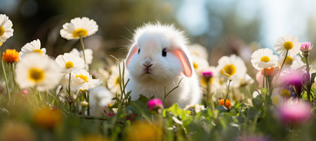 Bunny with easter eggs in flowery meadow, bright colors on blurred background, copy space availableの素材
