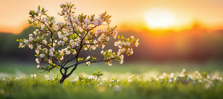 Blooming tree in green meadow on spring easter sunrise with blurred background for text placementの素材