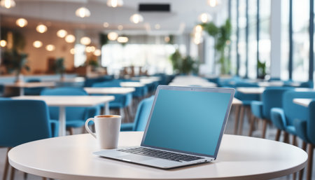 Minimalistic workspace with laptop, coffee cup, and office supplies on blurred backgroundの素材