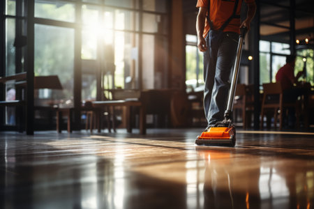 Office floor cleaning service by unrecognizable person, detailed shot with blurred office backgroundの素材