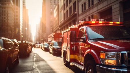High speed ambulance with flashing lights responding to emergency call on busy city streetの素材