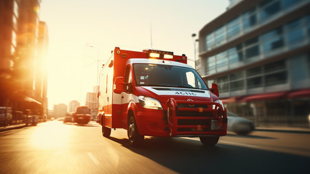 Emergency response  speeding ambulance on its way to attend urgent call on city streetの素材