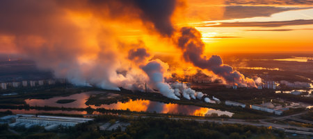 Aerial view of metallurgical plant at dawn with smoke and smog emissions  impact on bad ecologyの素材