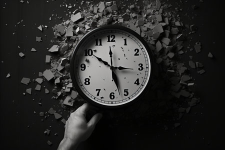 Fragments of time  symbolic representation of passing away with a shattered analog clock in handの素材