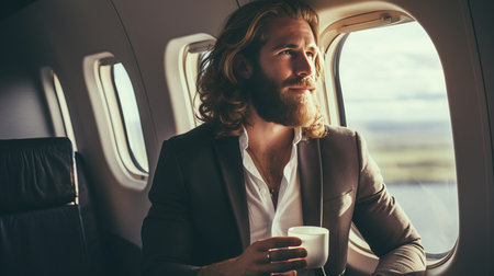Smiling businessman enjoying a cup of coffee and gazing out of the window in a private planeの素材
