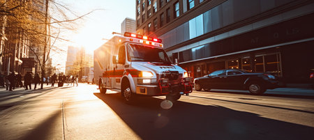 Emergency ambulance speeding through city streets with sirens blaring to respond to an urgent callの素材