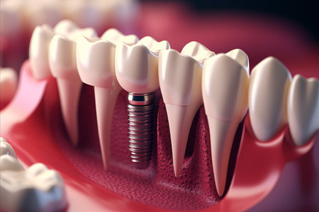 Detailed illustration of dental implant fitting with precision and technique on human mouth modelの素材