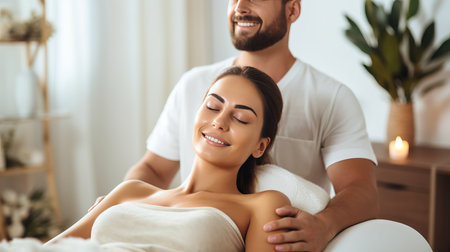 Professional massage session with masseur and client on white background, copy space availableの素材