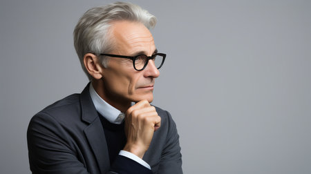 Senior businessman in formal attire and glasses, isolated on grey background with copy spaceの素材