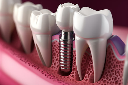 Illustration of precision dental implant fitting on human mouth model showcasing techniqueの素材