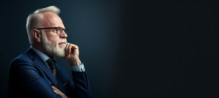 Senior businessman in formal attire and eyeglasses looking away, isolated on grey studio backgroundの素材