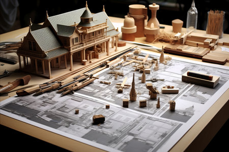 Architectural blueprint and drafting tools on paper for construction planning and design processの素材