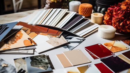 Stylish designer workspace with paint color swatches and furniture samples for interior inspirationの素材