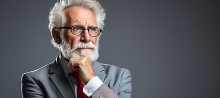 Senior businessman in formal wear and eyeglasses on grey background with copy space and conceptの素材