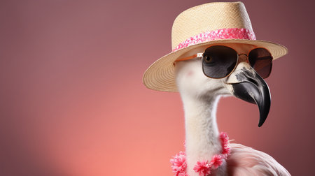 Fashionable pink flamingo with hat and sunglasses posing in studio with defocused backgroundの素材
