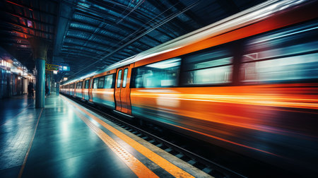 High speed modern subway train in motion on urban city tracks during rush hour trafficの素材