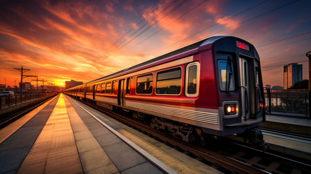 Modern subway train in motion   urban transportation during rush hour traffic in the cityの素材