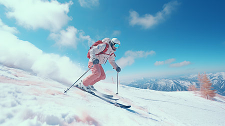 Exhilarating alpine skiing  skier racing down piste in stunning landscape under blue skyの素材