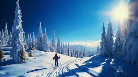 Thrilling mountaineer backcountry skiing in snowy alpine landscape with majestic snowy treesの素材