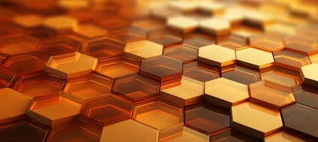 Vibrant hexagonal geometric abstract background with warm color tones and intricate elementsの素材